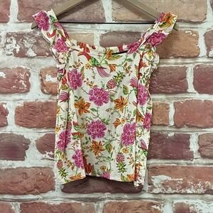 Rachel Zoe Top Women's S Multicolor Linen Blend Tropical Floral Birds Tank Shirt